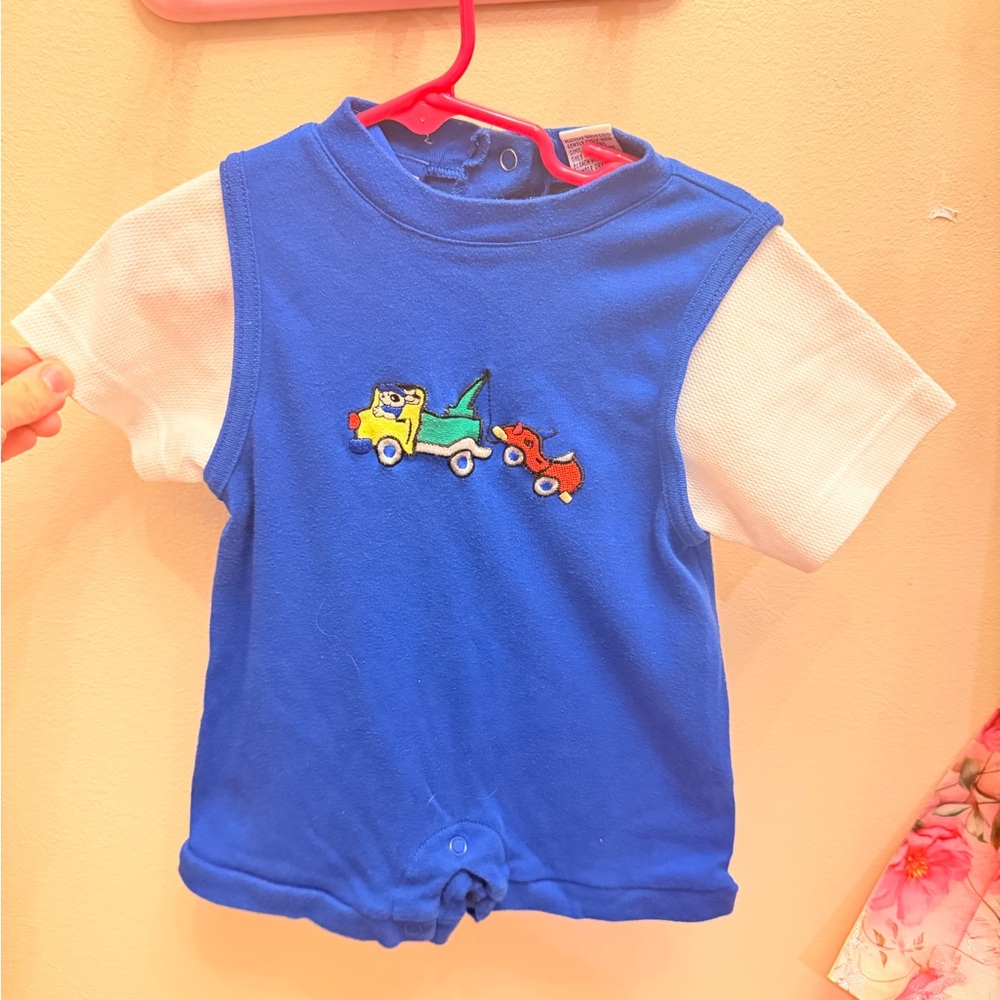 Vintage Baby Boy Romper with Embroidered Truck Design